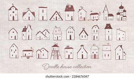 Collection of cute doodle sketch houses on vintage background