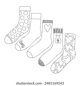 Collection of cute doodle socks in a naive style. Coloring book. Simple sketchy doodle style.