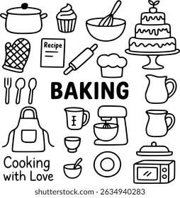 Collection of cute doodle style baking tools and ingredients for home cooking and pastry making Perfect for culinary-themed designs recipe cards or kitchen decor