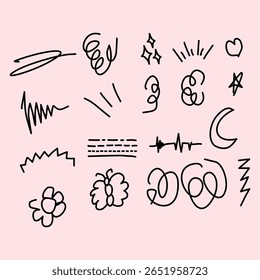 A collection of cute doodles such as stars, moons, butterflies, flowers, zigzag lines, hearts, and spirals in hand-drawn style on a pink background suitable for decoration or creative designs.