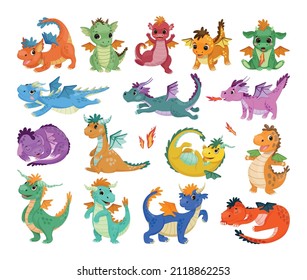 Collection of cute dragons in cartoon style. Children's illustrations.