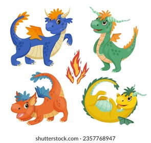 Collection of cute dragons in cartoon style. Children's illustrations.