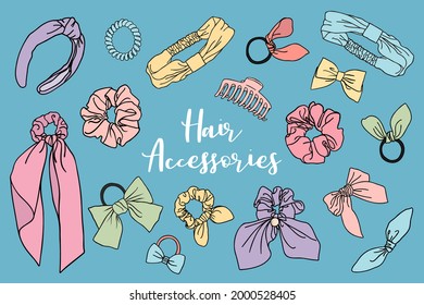 Collection of cute drawn, separate scrunchies, hair ties and clip flats. Bundle of colorful, vector fashion hair accessory illustrations.