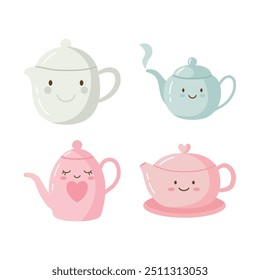 Collection of Cute Drink Teapot Kettle Character with Smile Expression