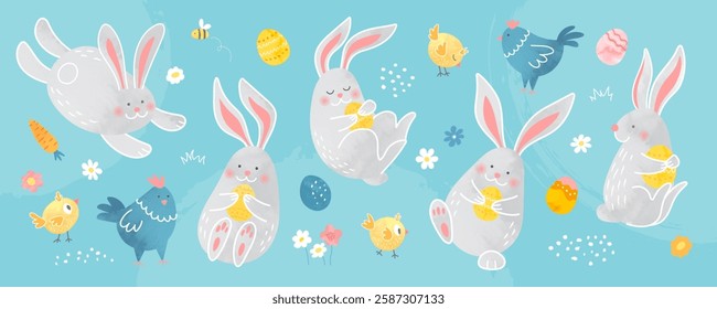 Collection of cute Easter bunnies, hens and chicks. Cartoon funny animals with watercolor texture. Easter eggs, spring flowers, bee, carrot on blue background. Vector illustration.