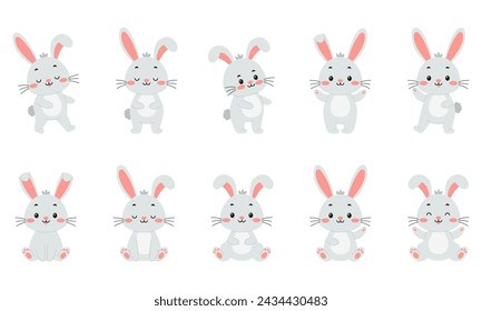 Collection of cute Easter bunnies. Vector illustration.