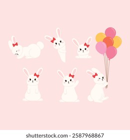 Collection Cute Easter Bunny Character Peeking, Sleeping, Greeting, Raising Hand, Holding Colorful Balloon illustration