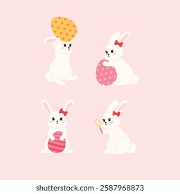 Collection Cute Easter Bunny Holding Easter Egg and Using Magnifying Glass To Hunting Easter Egg illustration