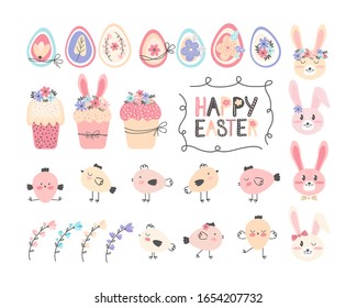 Collection of cute easter cartoon characters and spring decorative elements - bunnies, eggs, chickens, Easter bread, cake, blooming flowers isolated on white background. Flat vector illustration. 