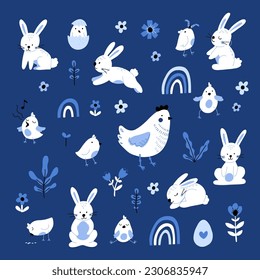 Kollektion süßer Osterchartoon-Figuren und Frühlingsdekorative Elemente - bunnies, Eier, Hühner, blühende Blumen einzeln auf blauem Hintergrund. Hasen, Hennen und Küken mit Regenbogen und Blumen