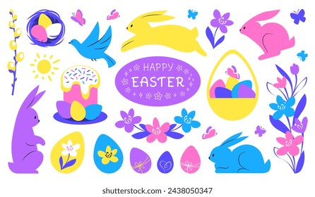 Collection of cute easter cartoon characters and spring decorative elements - bunnies, eggs, blooming flowers isolated on white background. Colorful vector illustration in minimalistic flat style.