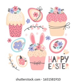 Collection of cute easter cartoon spring decorative elements -  eggs, Easter bread, cake, blooming flowers isolated on white background. Flat vector illustration. Scandinavian hand drawn style