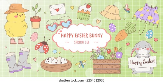 Collection of cute easter cute characters and spring cartoon decorative elements -  painted eggs, bunnies, bugs, flowers, carrots, chicken, butterfly, snail, seedlings. Vector isolated elements. 