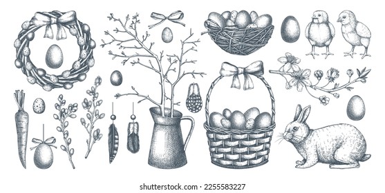 Collection of cute Easter characters and spring decor elements. Hand-drawn bunnies, eggs, chickens, flowers, and flowering trees isolated on white background. Vector illustrations. Holiday sketches