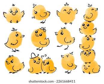 Collection of cute easter chicks in different poses. Vector hand drawn little funny chick set. For Easter and other design. Isolated on white background. Stock vector