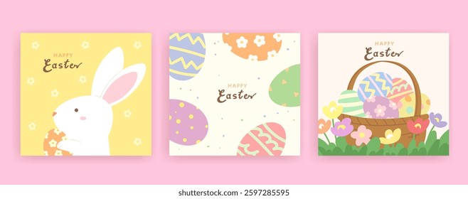 Collection of cute Easter day greeting cards. Adorable modern and cheerful cards for Easter invitation, cover, poster or banner. Easter bunny and eggs flat style illustration. 