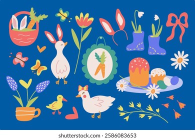 A collection of cute Easter design elements: geese, ducks, rabbit ears, Easter cakes, Easter eggs, flowers, butterflies, carrots. Spring holiday elements vector illustration.