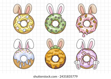 Collection of cute Easter donuts with bunny ears 