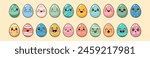 A collection of cute Easter eggs with various patterns and expressive faces, vector illustration on a warm beige background, concept of Easter celebration. Vector illustration