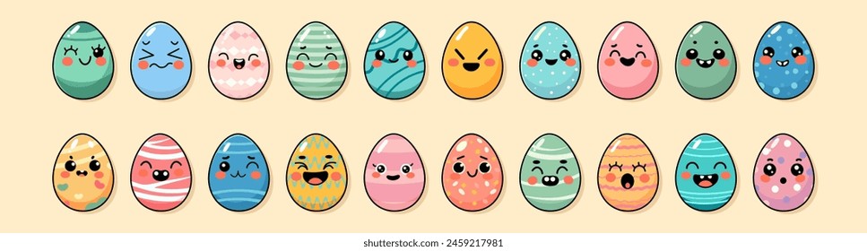 A collection of cute Easter eggs with various patterns and expressive faces, vector illustration on a warm beige background, concept of Easter celebration. Vector illustration