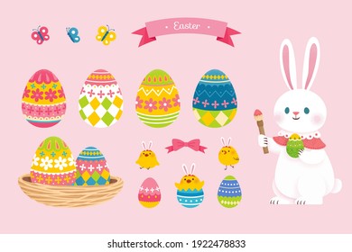 Collection of cute Easter elements, including rabbit, nest, eggs with floral patterns. Suitable for Easter event decoration.