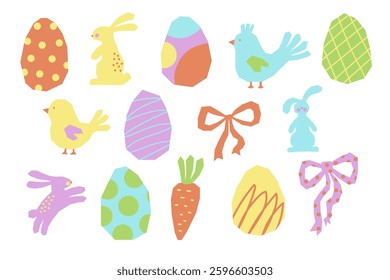 Collection of cute Easter elements. Set of cut out various Easter eggs, rabbits, chickens, carrots, bows for design. Vector illustrations isolated on white background.