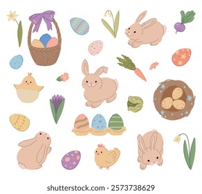 Collection of cute Easter holiday illustrations. Set of bunnies, chickens, eggs, spring flowers isolated on white.