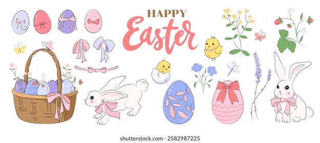 Collection of cute Easter illustrations of rabbits, eggs, baby chicks, flowers, bows, and a wicker basket. Hand drawn decoration elements for spring designs, easter theme banner, poster, greeting card