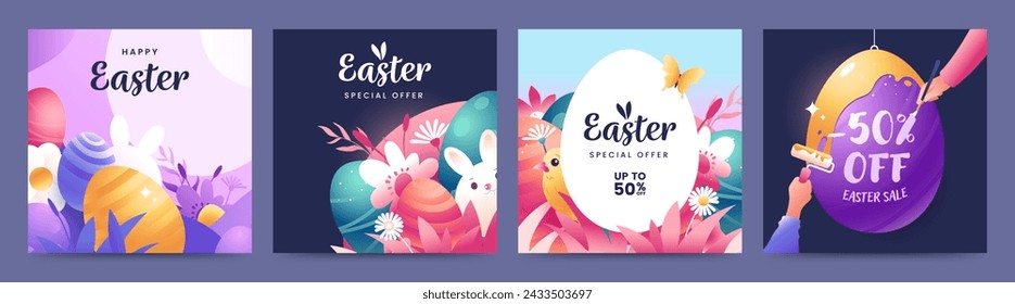 Collection of cute Easter illustrations for social media. Colorful Easter greeting cards design with place for text. Ideal for banner, poster, offer, web, promo, ad.