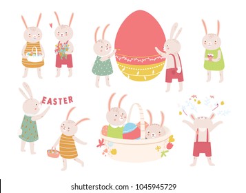 Collection of cute Easter rabbits or bunnies isolated on white background. Set of funny animals celebrating spring holiday, decorating large egg, carrying flowers. Flat cartoon vector illustration. 