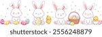 Collection of cute Easter rabbits. Cartoon characters of happy bunnies couples with Easter eggs, chickens, flowers. Kawaii hares for Eastery card, sticker, banner, package design. Vector illustration