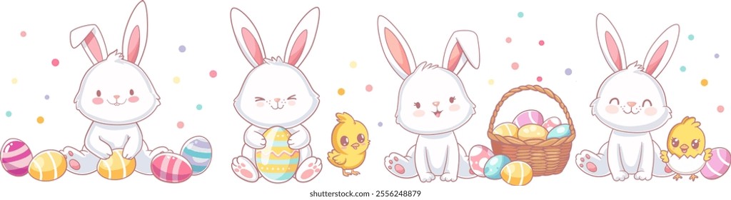 Collection of cute Easter rabbits. Cartoon characters of happy bunnies couples with Easter eggs, chickens, flowers. Kawaii hares for Eastery card, sticker, banner, package design. Vector illustration