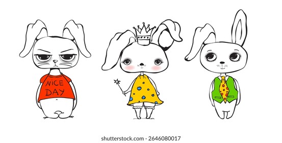 Collection of cute Easter rabbits. Cartoon characters of happy bunnies for the card, sticker, banner, package design. Vector illustrations