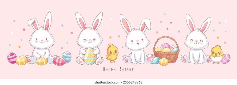 Collection of cute Easter rabbits in doodle style. Cartoon characters of happy bunnies couples with Easter eggs, chickens, flowers. Kawaii hares for Eastery card, sticker, banner, package design.