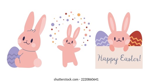 Collection with cute Easter rabbits and eggs, cartoon style. Trendy modern vector illustration isolated on white background, hand drawn, flat