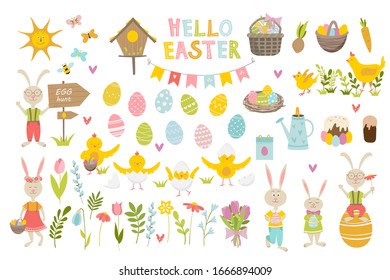 Collection with cute Easter symbols and spring elements for decoration (rabbits, easter eggs, flowers, basket). Vector illustration