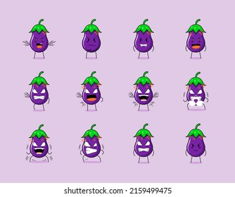 collection of cute eggplant cartoon character  with angry expression. suitable for emoticon, logo, symbol and mascot. such as emoticon, sticker or vegetable logo