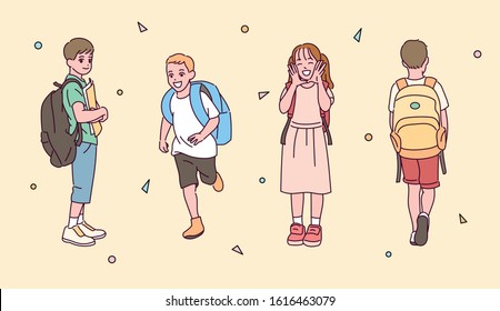 A collection of cute elementary school students characters carrying bags. hand drawn style vector design illustrations. 