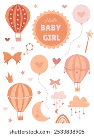 a collection of cute elements for a girl with air hot balloons, jewelry, clouds and stars on a white background