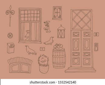 Collection of cute elements of old European city Tallinn. Hand-drawn vector illustration.