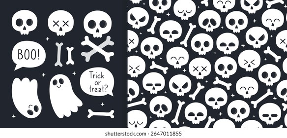 Collection of cute elements and seamless pattern for Halloween or Mexican Day of the Dead. Different skulls with happy, sad, angry, embarrassed faces, bones and ghost on black background.