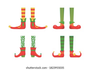 Collection of cute elves legs, boots, socks. Legs Christmas elf in shoes with bells. Santa helpers shoes and pants. Creative Christmas composition. Funny assistant to Santa Claus. Vector illustration.