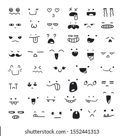 Collection of cute emoticon emoji. Doodle cartoon face, smile, happy, sad, shock, bored, sick, vomit, scream, joy, cry. Manga cartoon style. Vector file EPS10. People face cartoon vector icons