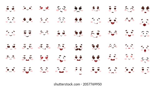 Colección de emoticonos bonitos con diferentes emociones. Sonrisas para usar en aplicaciones, smartphones y crear stickers.