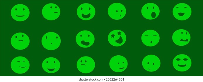 Collection of cute emoticons, set of neon green emoji facial expressions on a green background