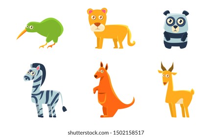 Collection of Cute Exotic Animals and Birds, Kiwi Bird, Lion, Panda, Zebra, Kangaroo, Antelope Vector Illustration