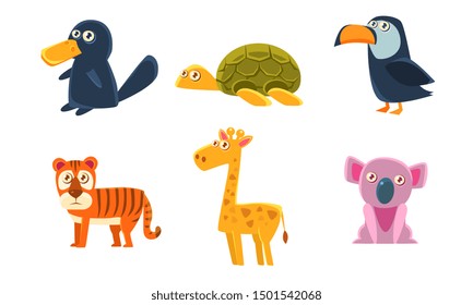 Collection of Cute Exotic Animals, Tiger, Giraffe, Koala, Platypus, Turtle, Toucan. Vector Illustration.