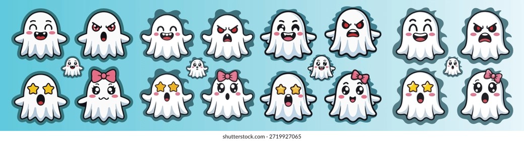 Una colección de emojis fantasma lindos y expresivos con varias expresiones faciales. Ideal para diseños con temática de Halloween, pegatinas digitales e ilustraciones divertidas y espeluznantes.