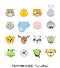 Collection of cute face animal. Animal head icon set. Cartoon animal head collection. Forest animal portrait flat icons set. Isolated object in flat design on white background. Vector illustration.