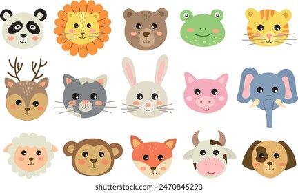 Colección de animales lindos de la cara. Ilustración vectorial dibujada a mano de personajes de dibujos animados